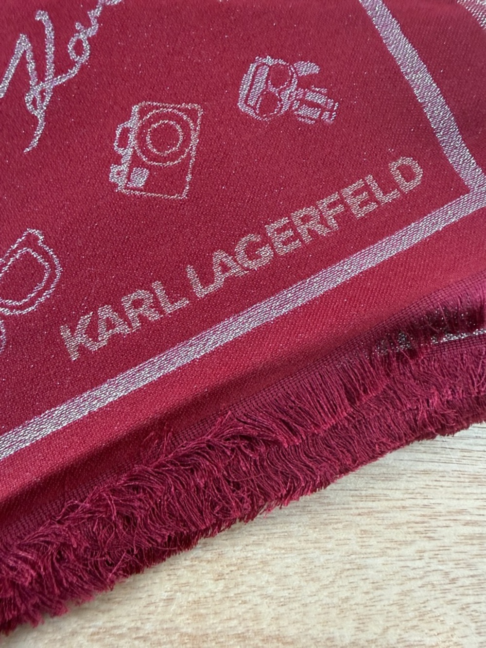 Karl Lagerfeld Red and Silver Icon Jacquard Fringe Scarf